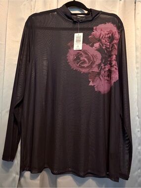Torrid Black Sheer Mesh Top with Pink/Purple Rose Print - NWT